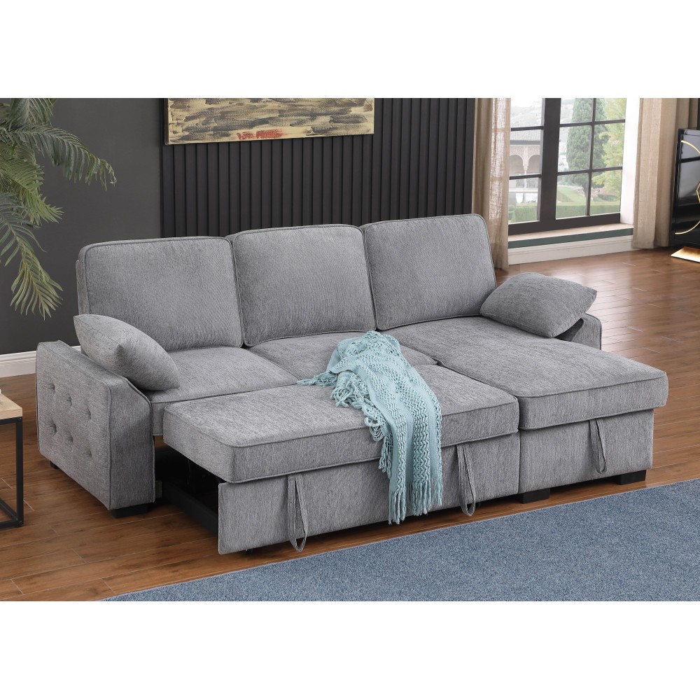 Light Gray 91"W Reversible Sleeper Sectional Chenille Storage Chaise & Table