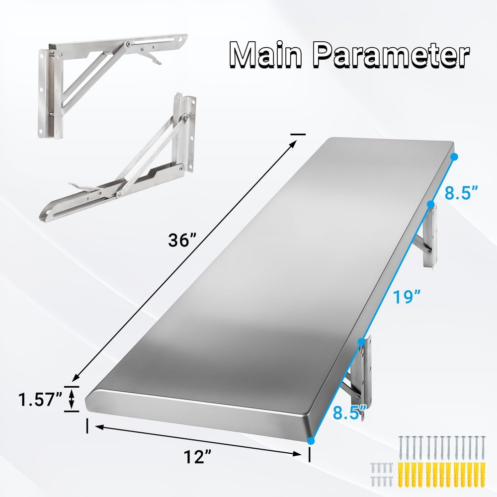 Folding Concession Shelf 36" x 12", Stainless Steel Drop Down Folding Serving...