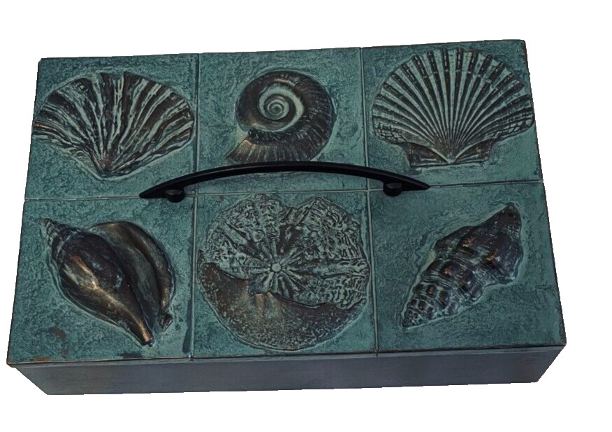 Beach Winter Blue Rectangular Decorative Bamboo Box Shells on Handmade lid 9x 6"