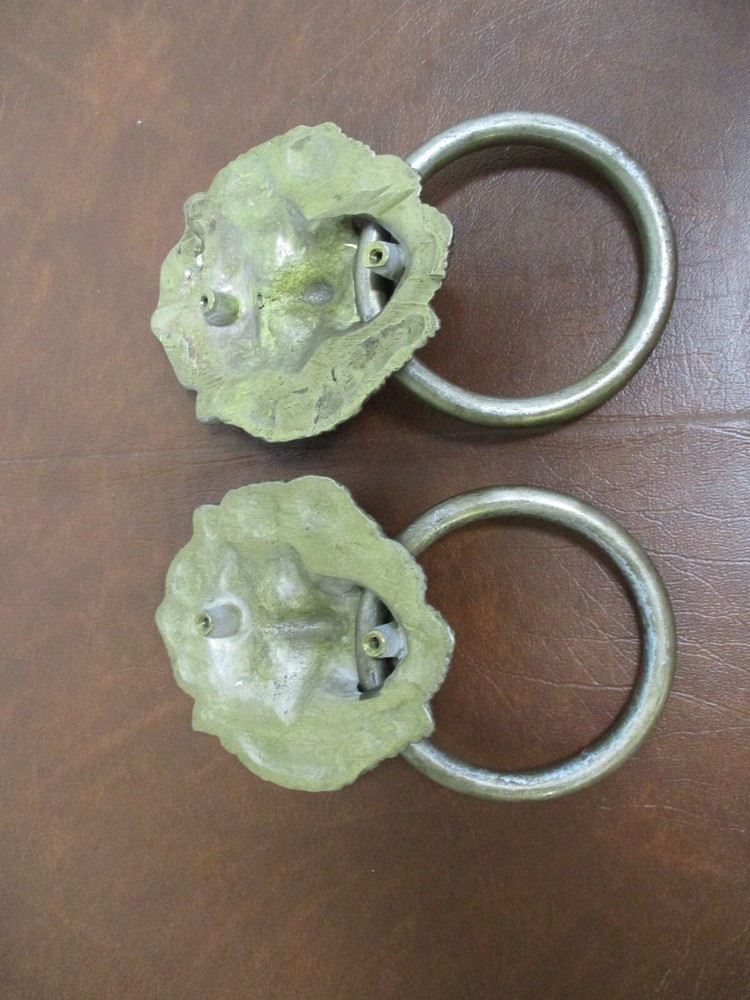2 Vintage Large Brass Lion Head Drawer Pulls Knobs handles