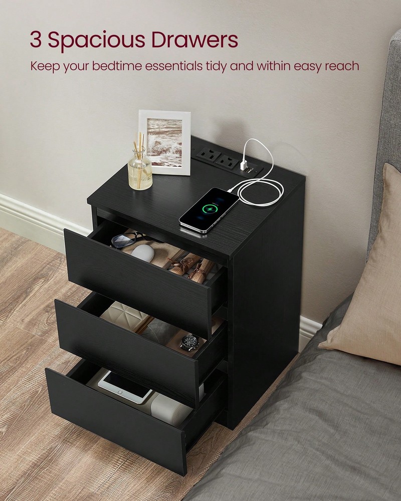 VASAGLE Nightstand With Charging Station, Bedside Table, Side End Table-FGQA
