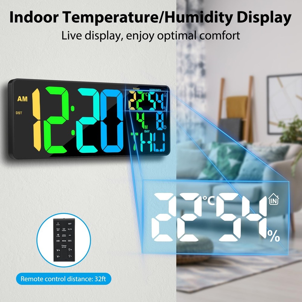 11 RGB Color Changes Large Digital Wall Clock/Bluetooth Auto Time Sync, Remot...