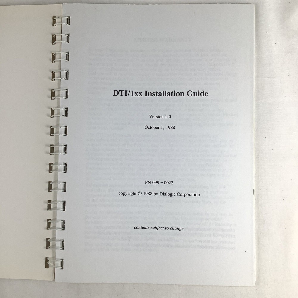Dialogic Voice Communication System Installation Guide 1988 Spiral Bound