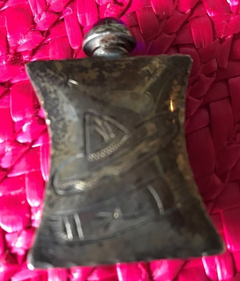 UNIQUE ANTIQUE STERLING SILVER MINI DECANTER,PERFUME BOTTLE,FLASK-BLUE CABOCHON