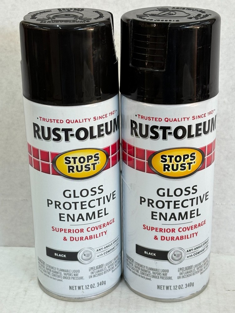 (2) RUSTOLEUM 7779830 GLOSS BLACK PROTECTIVE ENAMEL STOPS RUST SUPERIOR COVERAGE