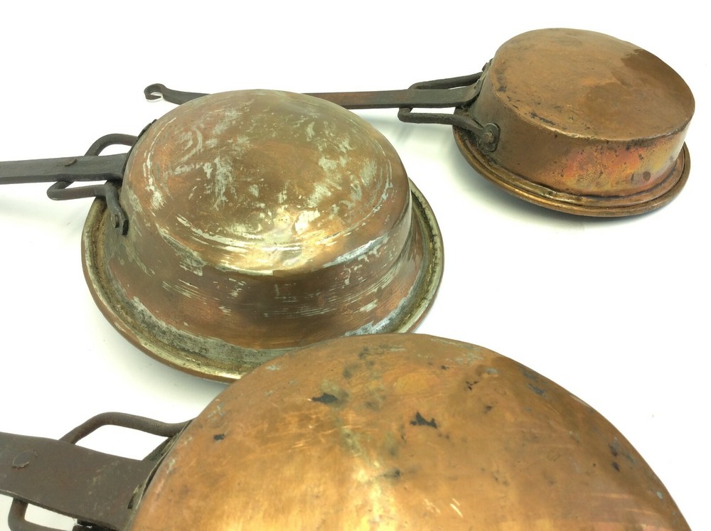 Set Three Forged Handle Iron Copperware Old Cookware Skillets Pans