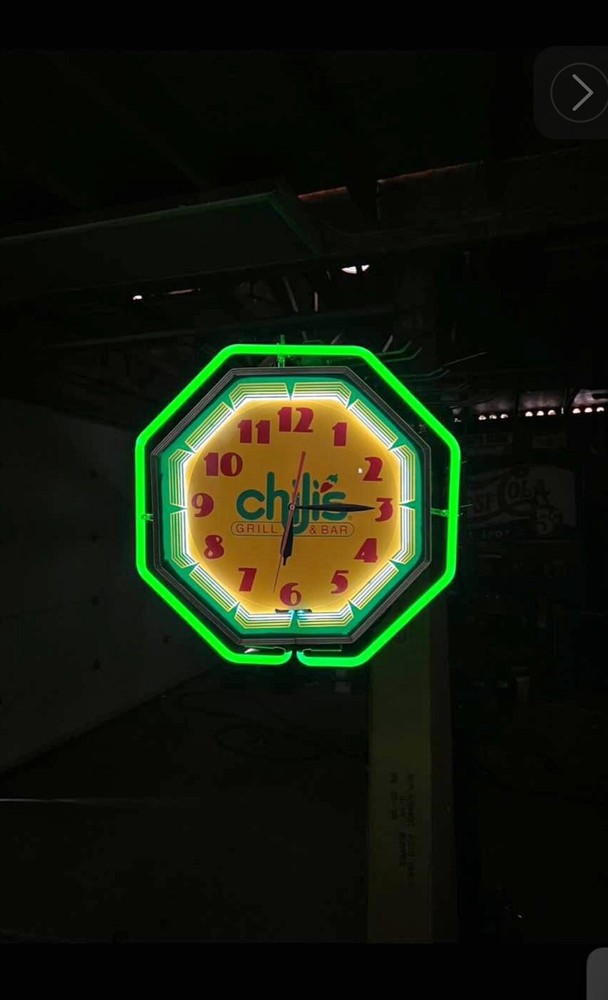 Vintage Chilis Bar and Grill Neon Clock 22”