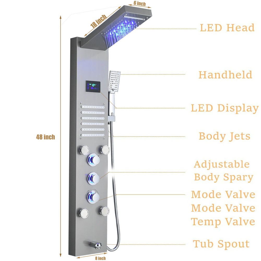 Ello&allo Shower Panel Tower System LED Rain&Waterfall Massage Jet Sprayer Tap