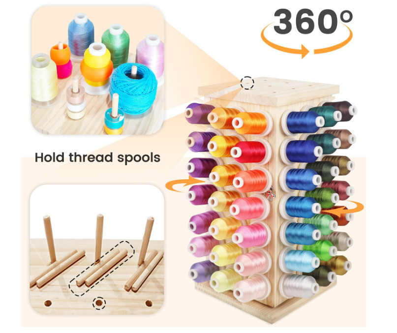 New brothread 93-Spool Rotating Thread Rack–Wooden Organizer for Sewing & Crafts