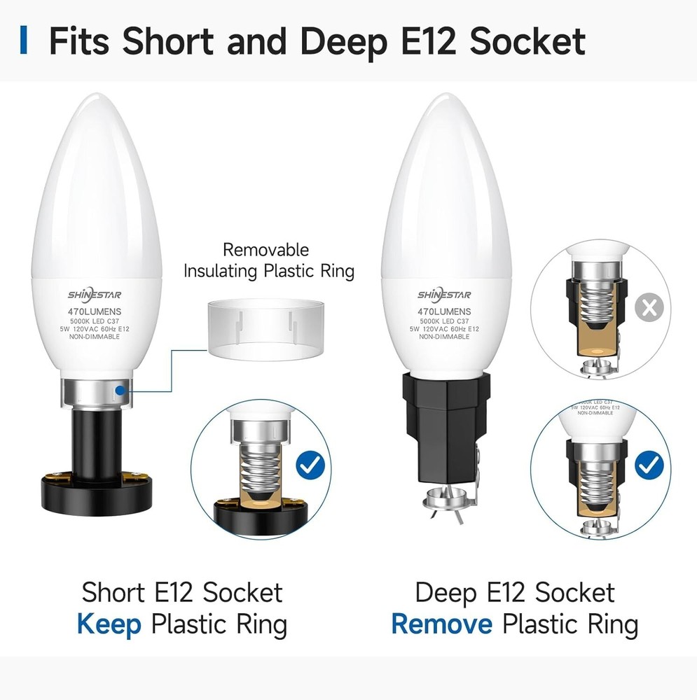 6 Pack LED Candelabra Bulbs C37 E12 Ceiling Fan Light Bulbs 5000K Daylight White