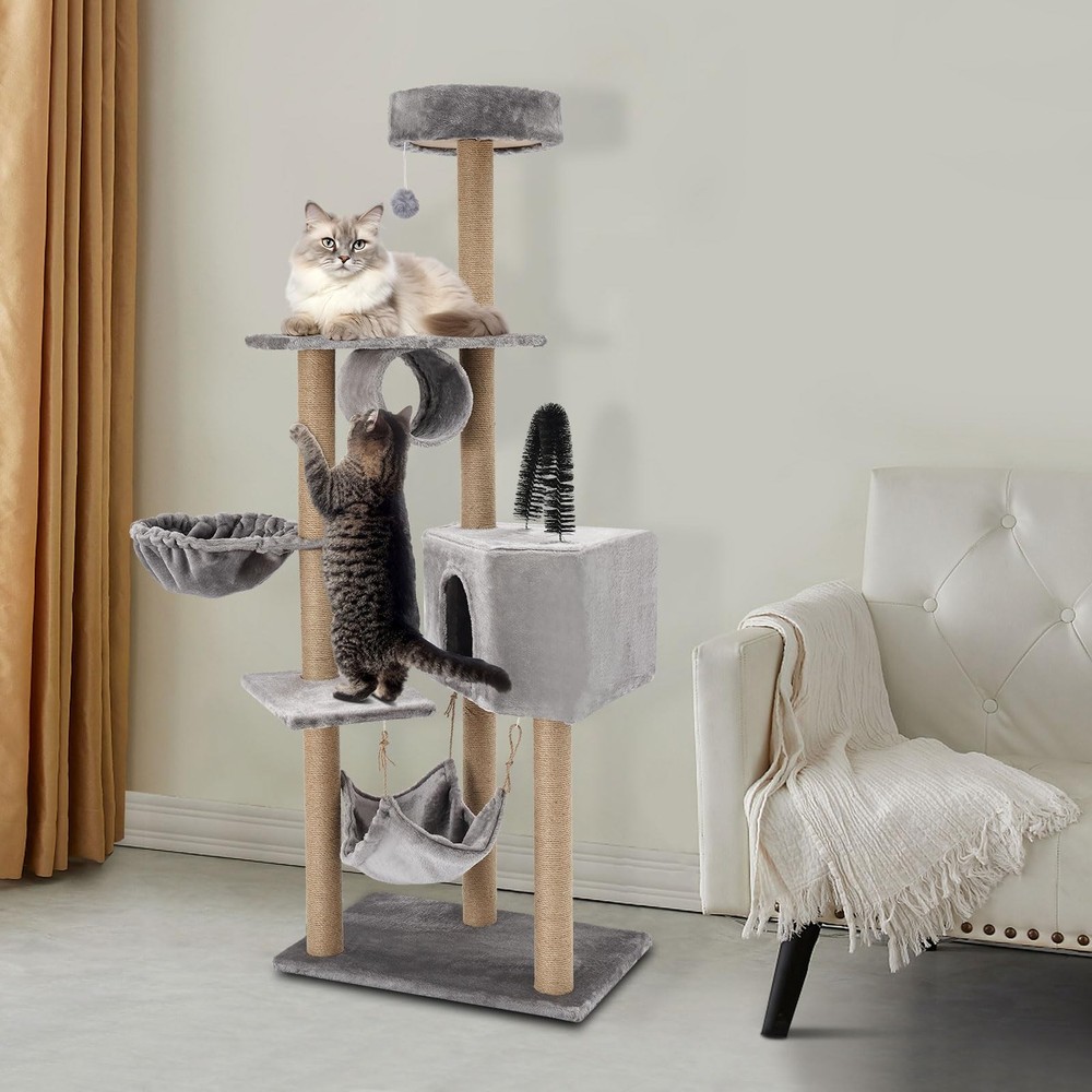 Multi-Level Cat Tower with Scratching Posts Hammock Condo 63" Tall for Cats