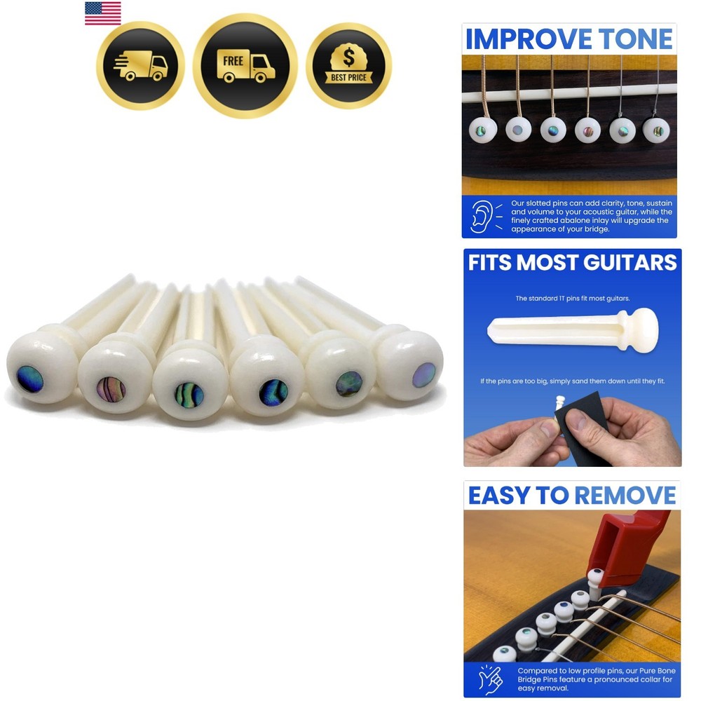 Slotted Pure Bone Bridge Pins with Abalone Dot Inlay for 6 & 12 String Acoust...
