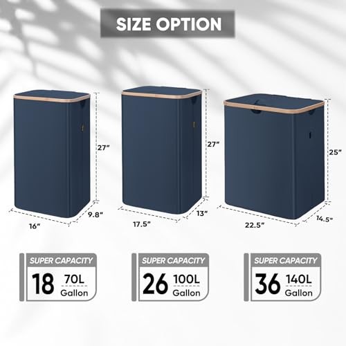 Laundry Hamper with Lid, Tall Laundry Baskets with Bamboo Pull 100 liters Blue