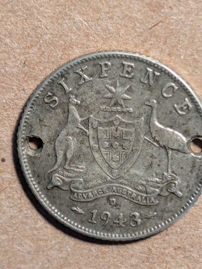 1943-D Australia 6 Pence Silver(Holed)