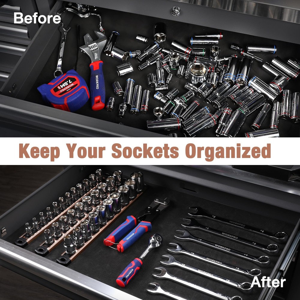 WORKPRO 1/2" Dr Heavy Duty Magnetic Socket Organizer 10 Clips Socket Holder Rack