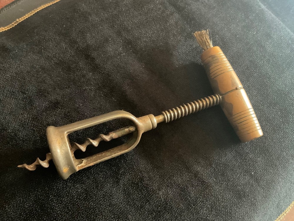 Antique Unique Spring Corkscrew Turned Wood Handle with Brush