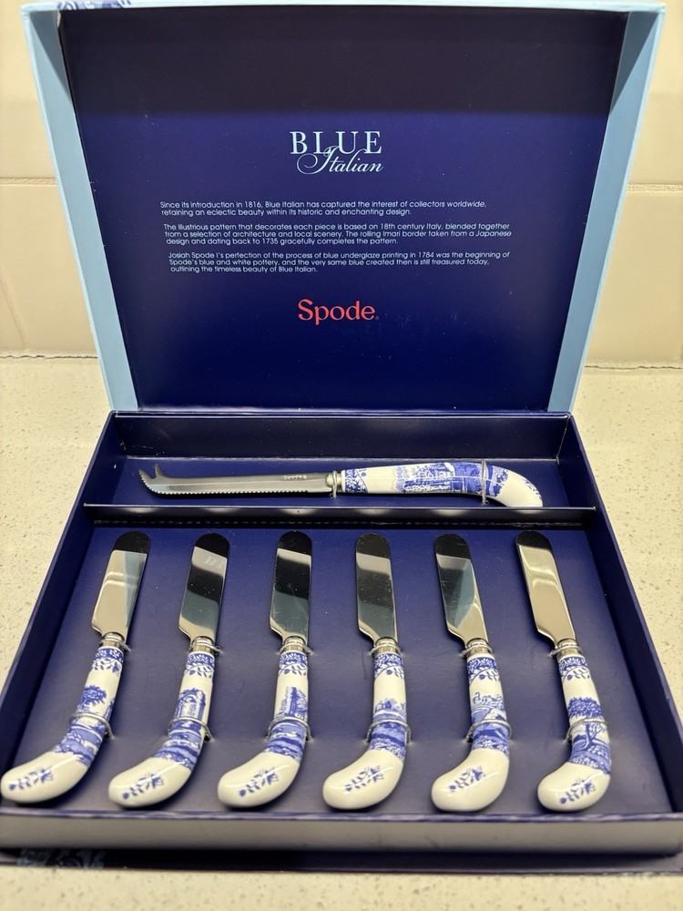 Spode Blue Italian Cheese Knife Set New In Box