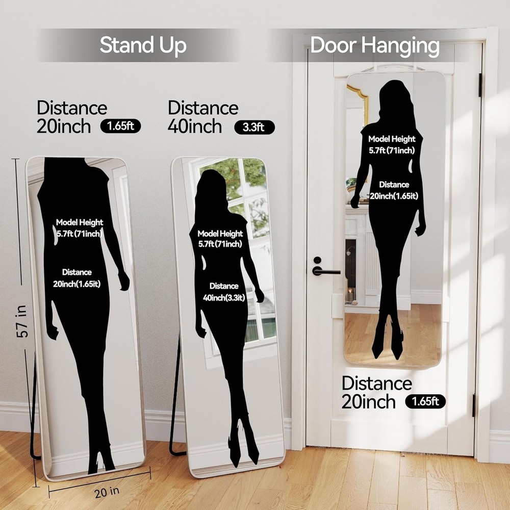 57" Full Length Mirror with Stand & Wall Mount - Silver Metal Frame