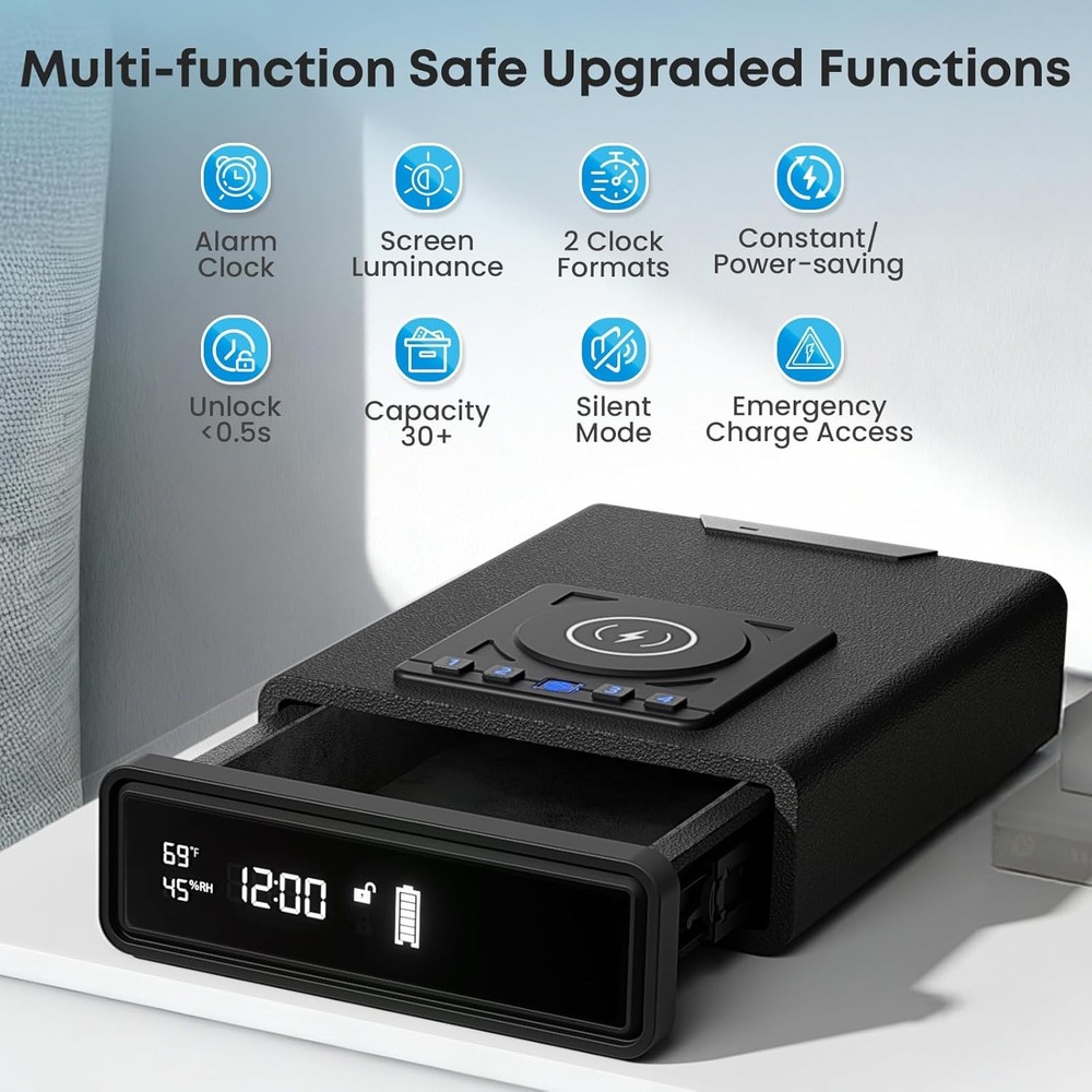 Biometric handgun safe: 3 unlocking methods, wireless charging.