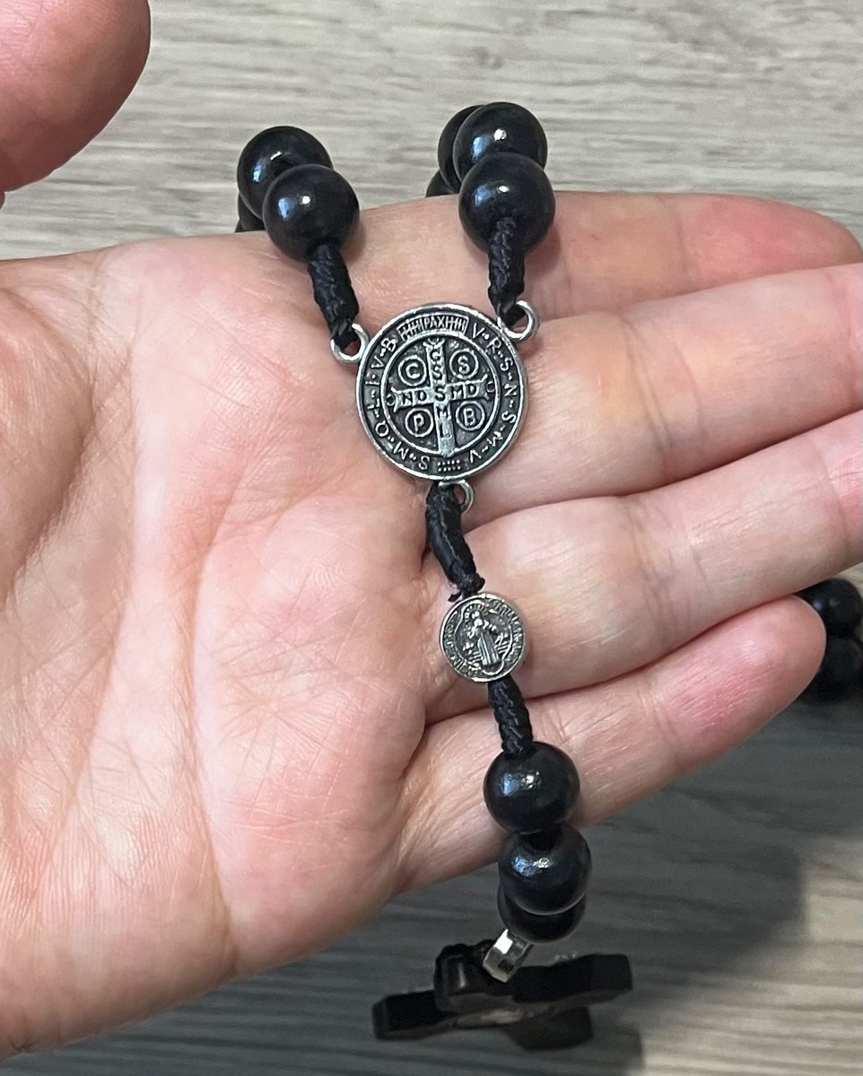 Saint St Benedict Wooden Rosary & Pouch Prayer Beads Crucifix Rosario San Benito