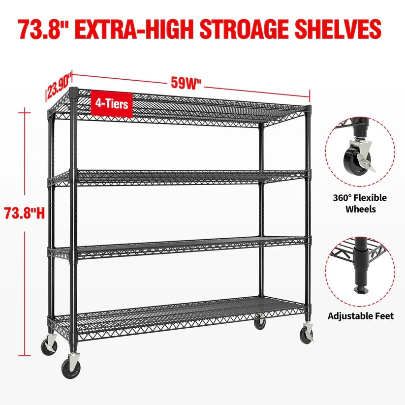 Garvee 4-Tier Heavy Duty Storage Shelves 2640LBS Adjustable Wire Rack with Wheel