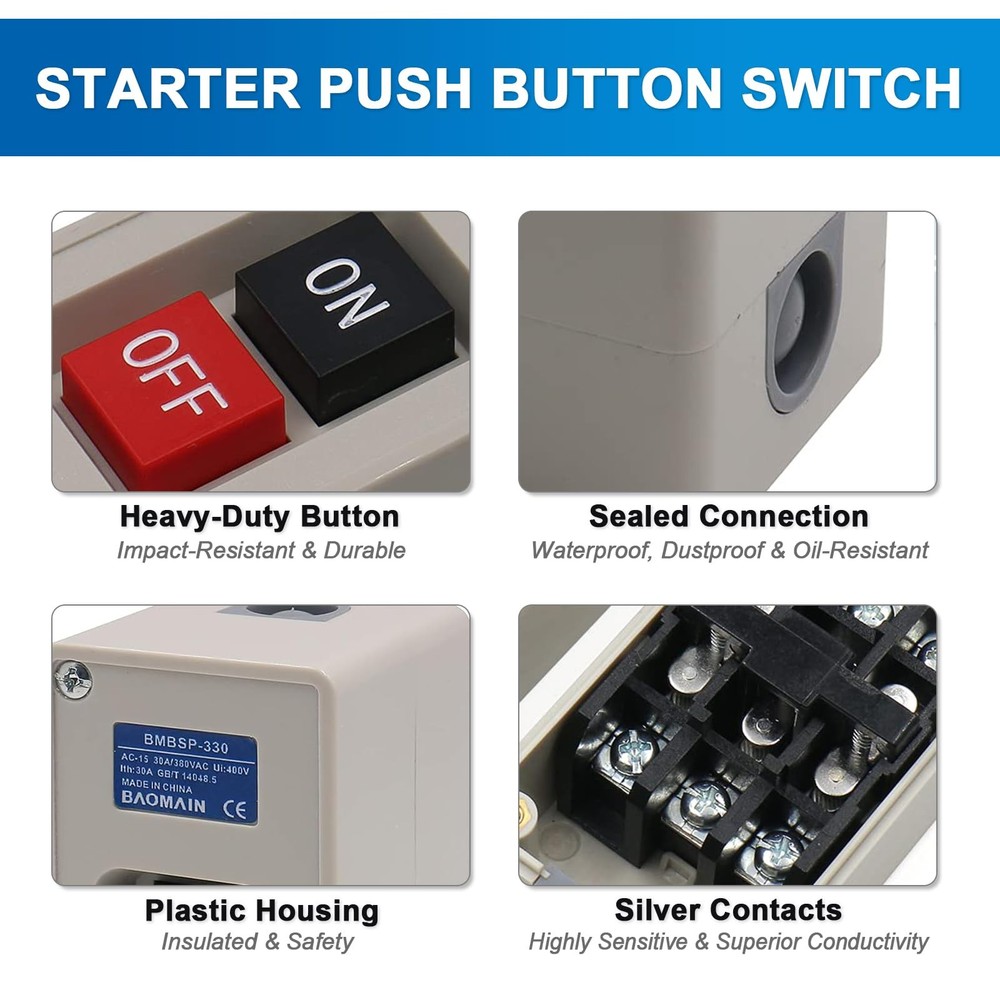 Baomain Self-Locking Push Button Switch 3-Phase 30A 3.7KW, Industrial 3-Pole...