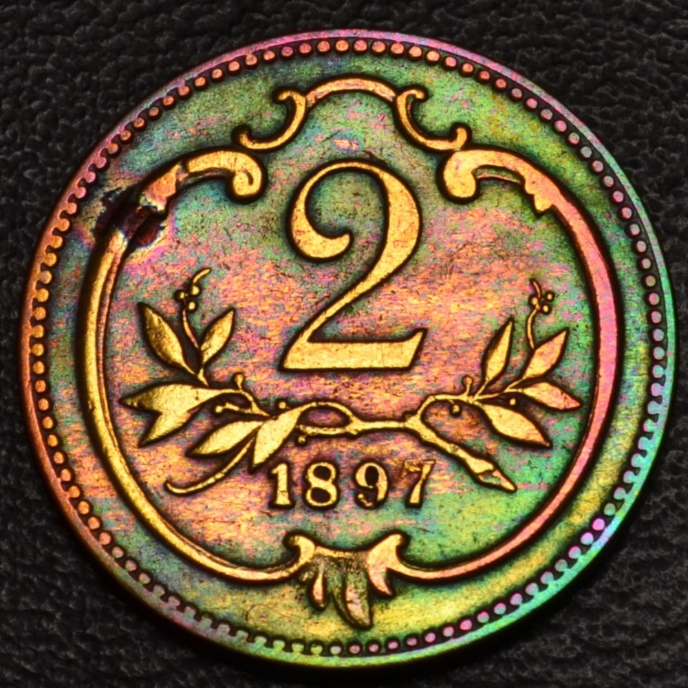 SHARP DETAILS 1897 Austria 2 Heller Rainbow Toning (L42-61)