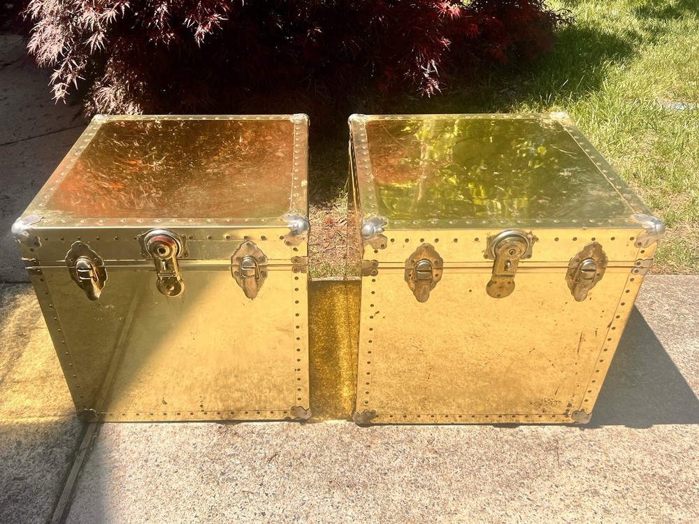 Vintage Pair 1970s Large Brass Cedar Lined Storage Trunk