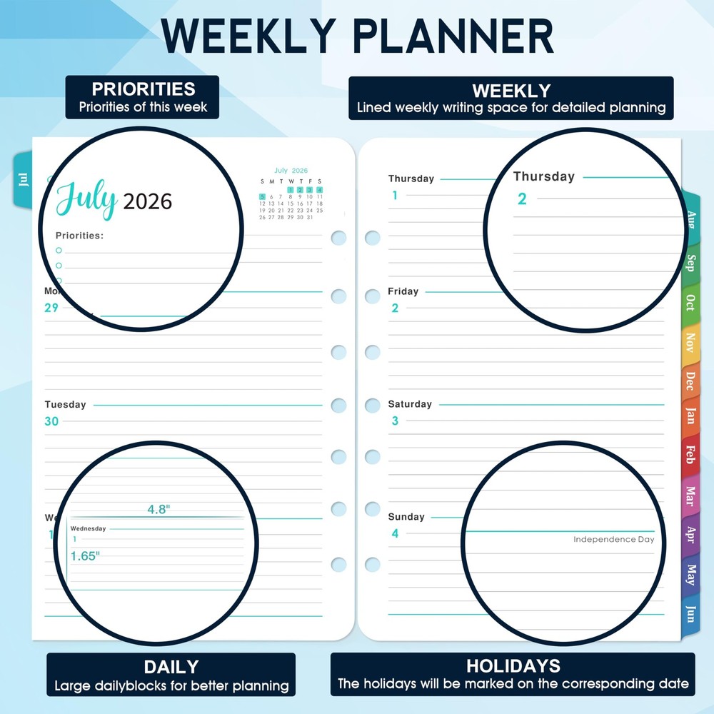 2026-2027 Planner Refills - A5 Inserts with 7-Hole Punched, A5, Blue