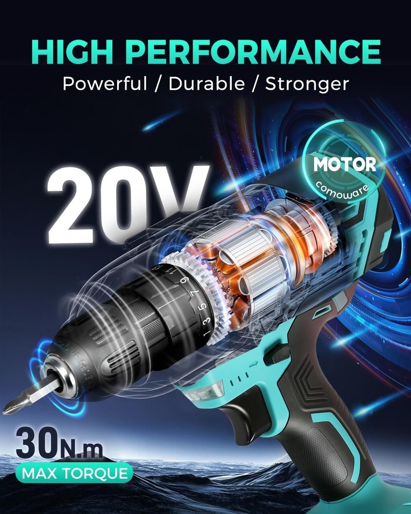 Lightweight Cordless Drill with Keyless Chuck, 34-Pc Bit Set & Fast Charger