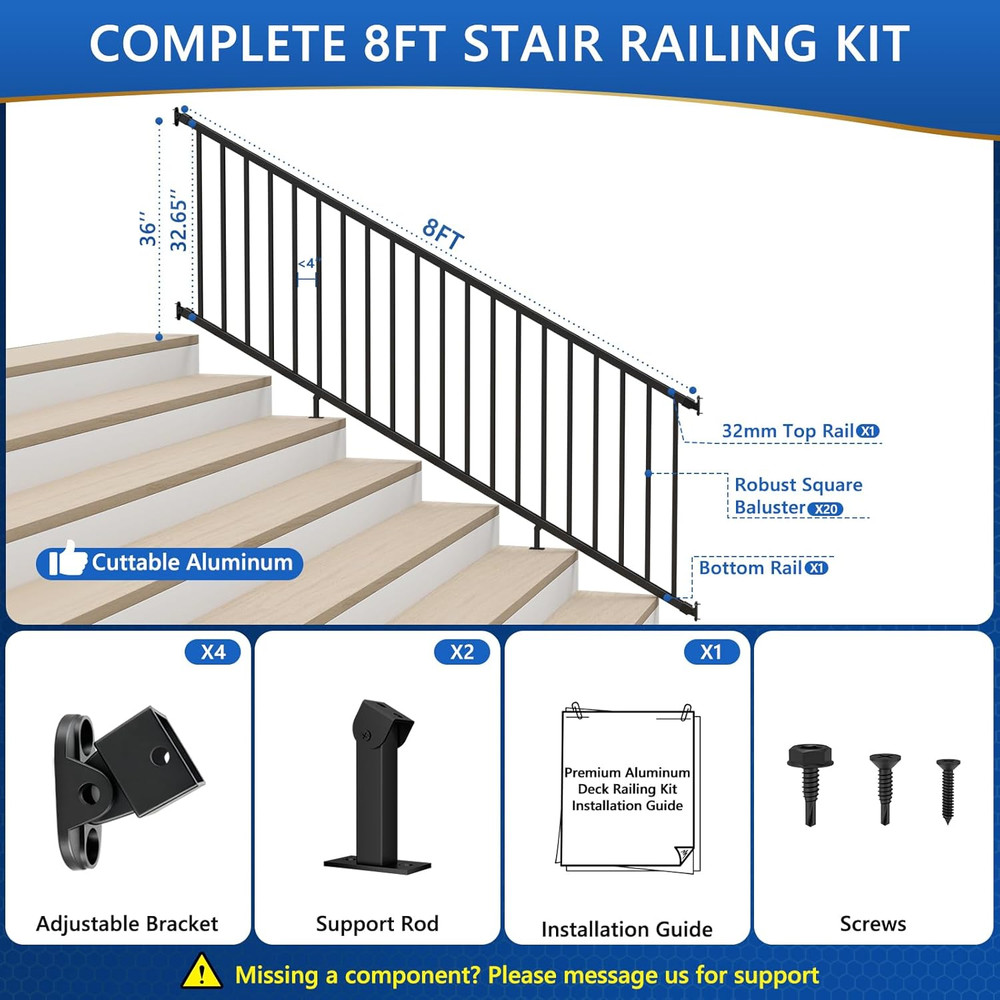 Modular 8Ft Aluminum Deck Railing Kit for Stairs - Matte Black DIY System