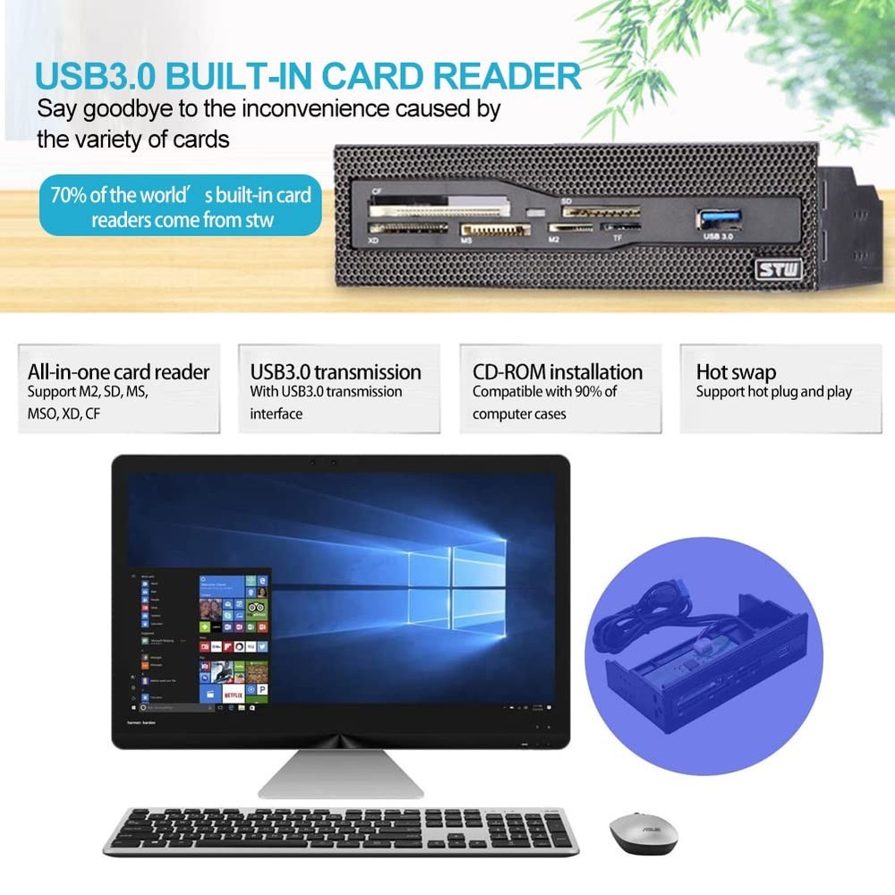 Computer Front Panel USB 2.0 PC Internal Card Reader Dashboard Fits 5.25...