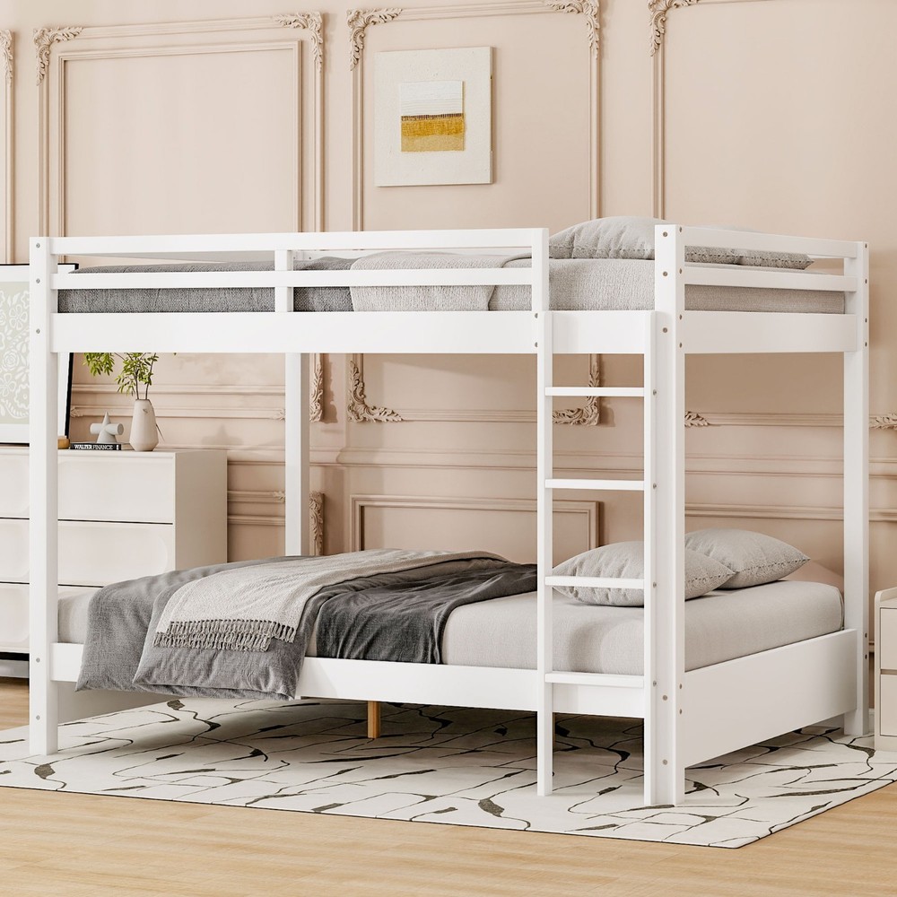 Wood Queen Size Bunk Bed with Ladder White Space-Saving Easy Assembly Bedroom