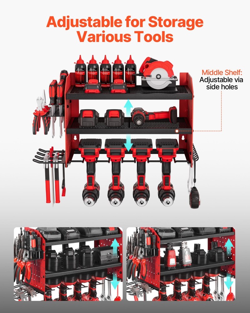 VEVOR Power Tool Organizer Wall Mount,3-Layer Storage Rack w/4 Drill Holders,Too