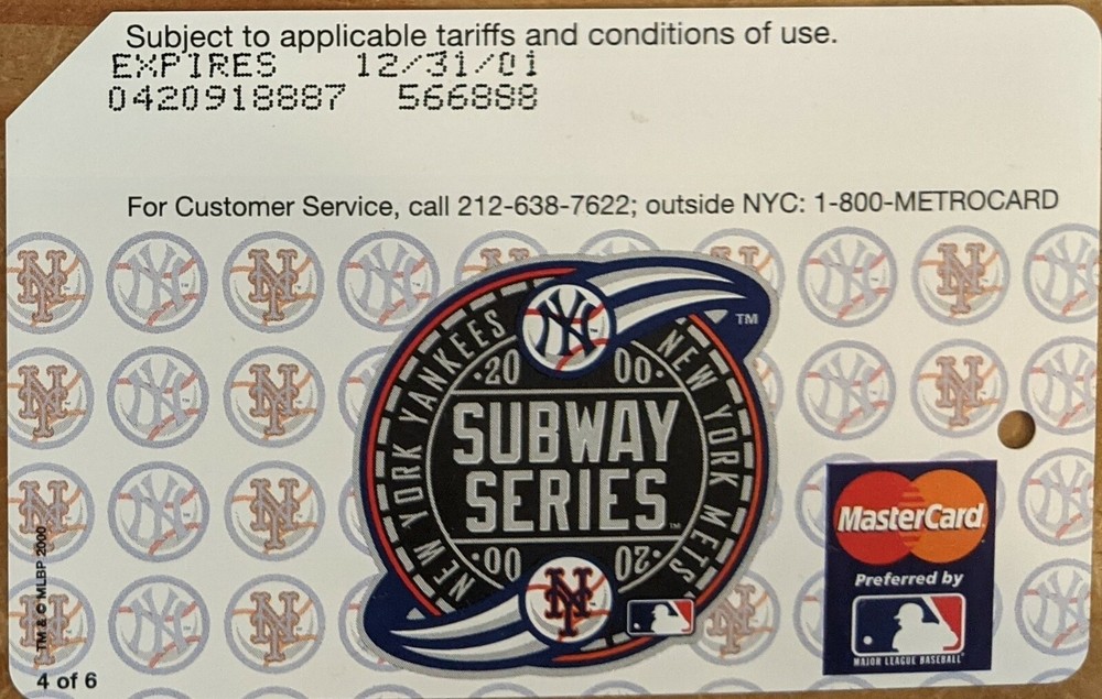 2000 Subway Series, Rare, Metrocard #4- Mint Condition-Expired