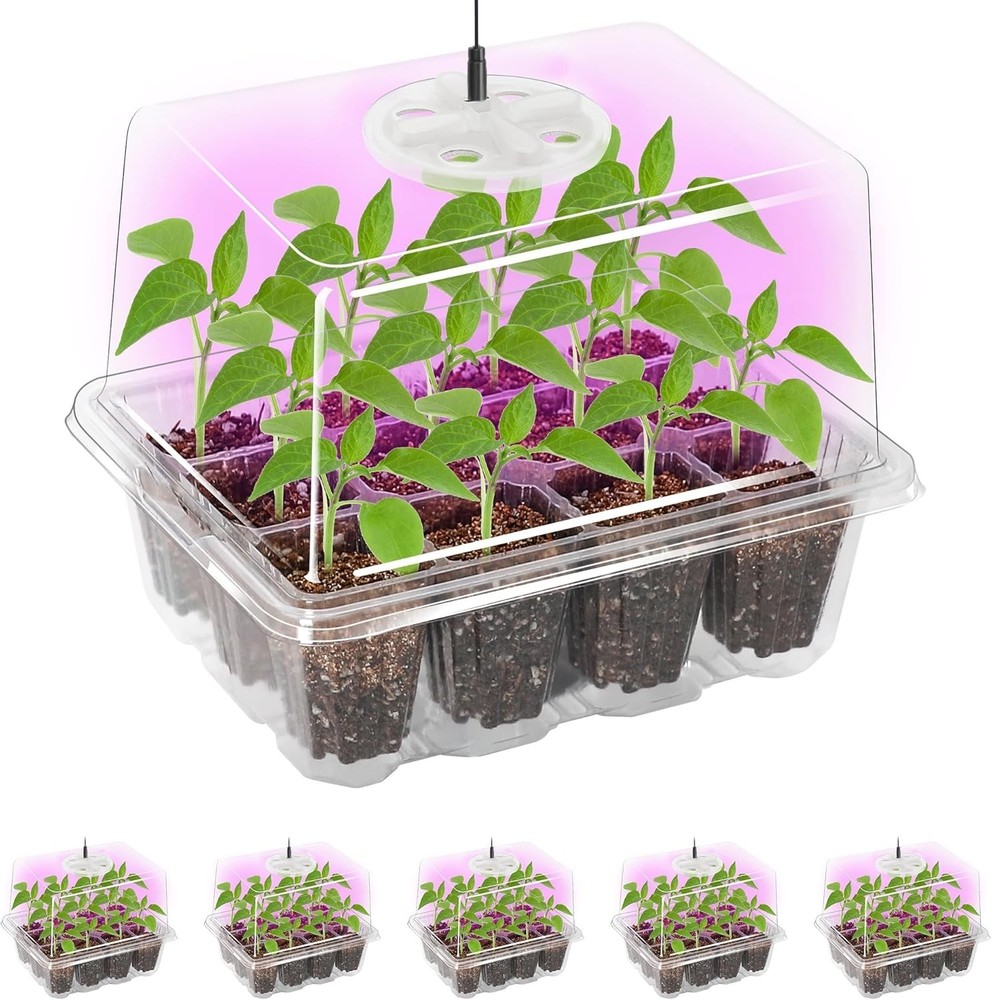 5-Pack Elevated Seed Starter Tray with Full Spectrum Grow Light & Humidity Domes
