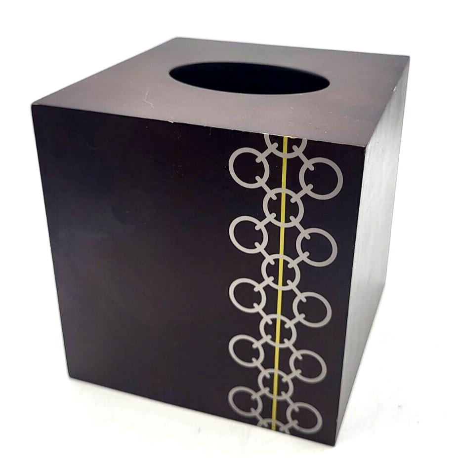Jaclyn Smith Chain Links Wood Tissue Box Cover Brown Silver 5.5" Cube