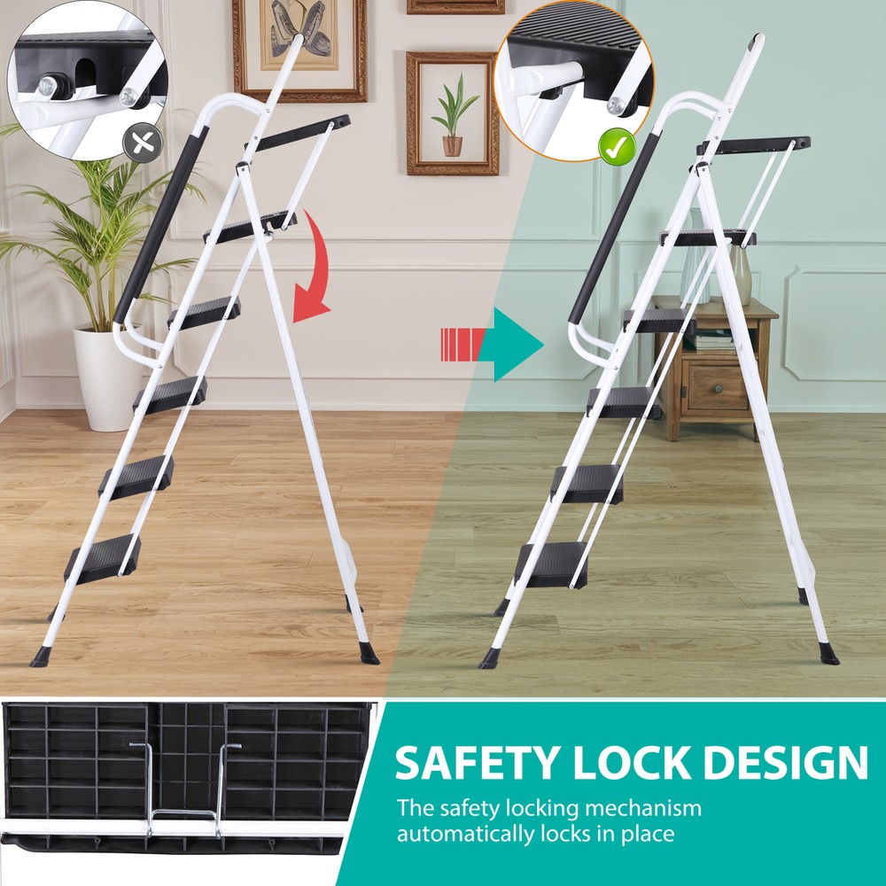 Step Ladder Folding 5-Step Ladder with Tool Platform Step Stool Lightweight