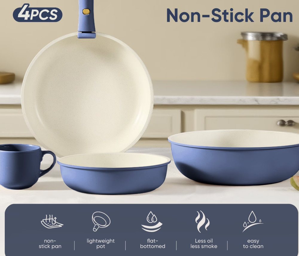 4pc Nonstick Cookware Set w/ Detachable Handles, Stackable Oven Safe Navy Blue