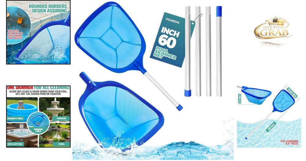 Pool Skimmer Net - 60 Inch Fine Mesh Leaf Rake for Pool Cleaning