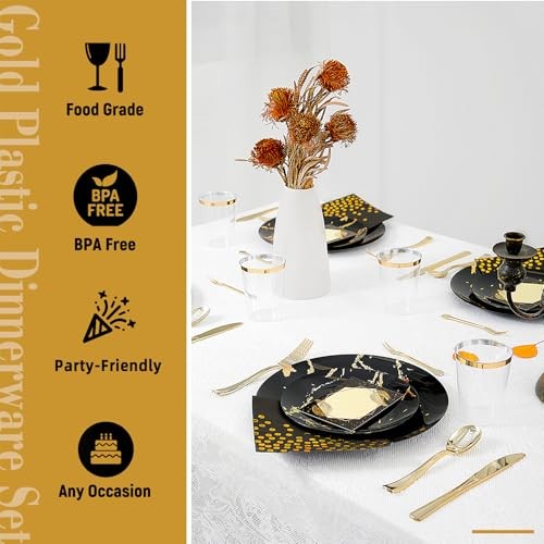 N9R 225pcs Gold Plastic Plates, Disposable Dinnerware Set Include 25 Black