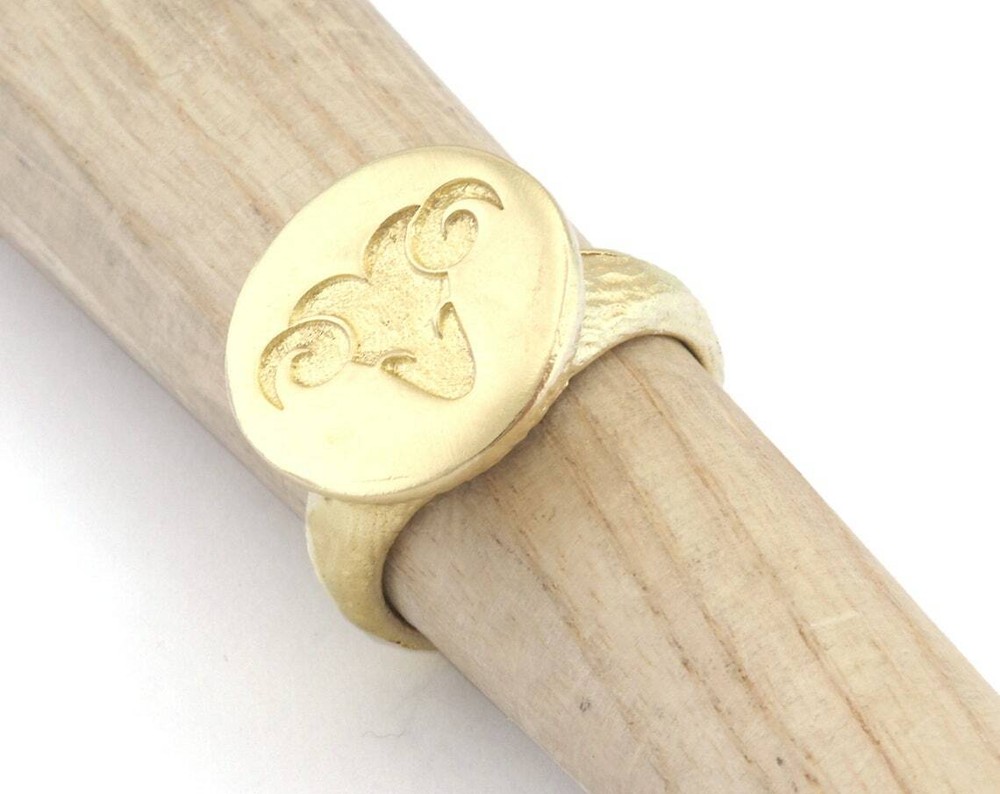 Ram Aries Horoscope Bark Textured Band Round Adjustable Ring Raw brass 4864