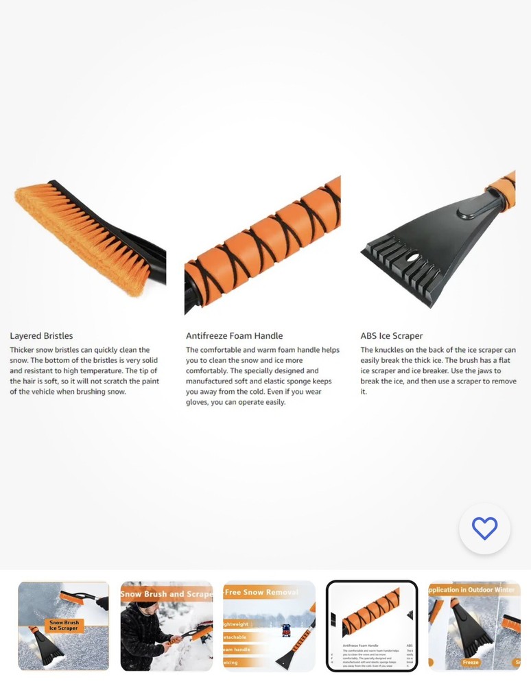 3 in 1 Snow Brush Ice Scraper with Detachable Ergonomic Foam Handle