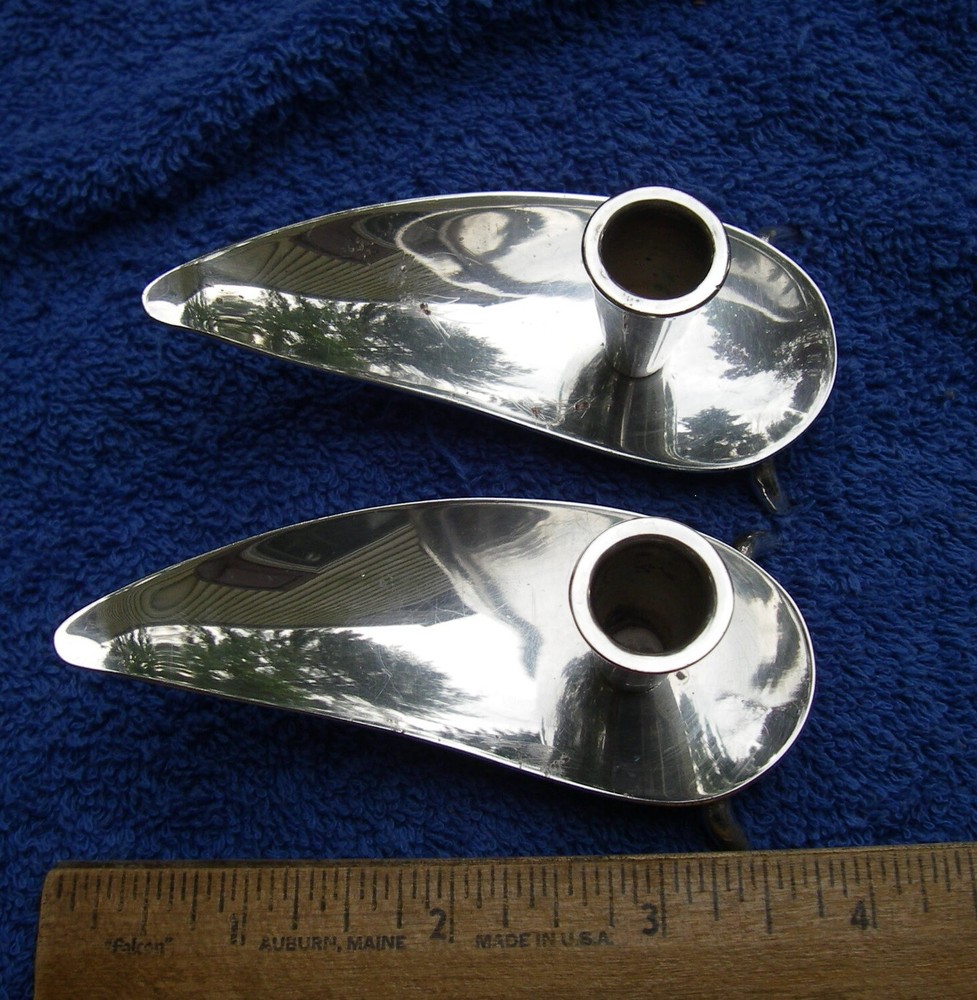 Pair DANISH MODERN Silverplate Low TAPER STICKS-Paisley Shape-Footed-NR