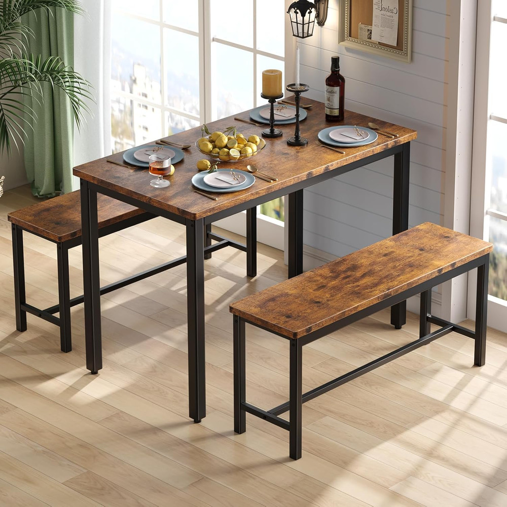 Compact 3-Piece Dining Table Set for 4 with Benches - Space-Saving Design