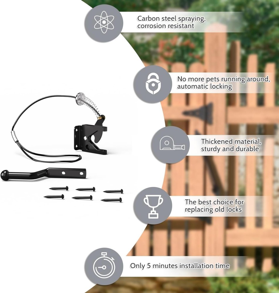 Gate Latch with Spring Cable Pull for Fence Gate - Carbon Steel - BlackSelf Loc