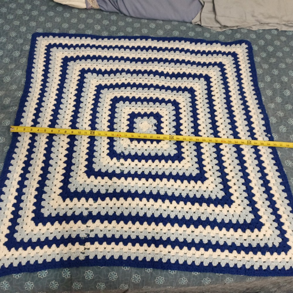 42x40 Crochet Blanket Hand Made With Blue Light Blue White Square Designed