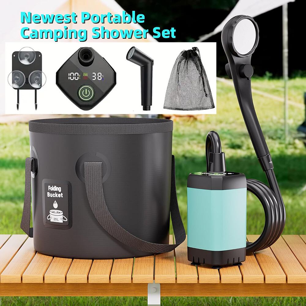 Portable Camping Shower Kit 6000mAh Rechargeable Pump Filtered Head 5G Bucket