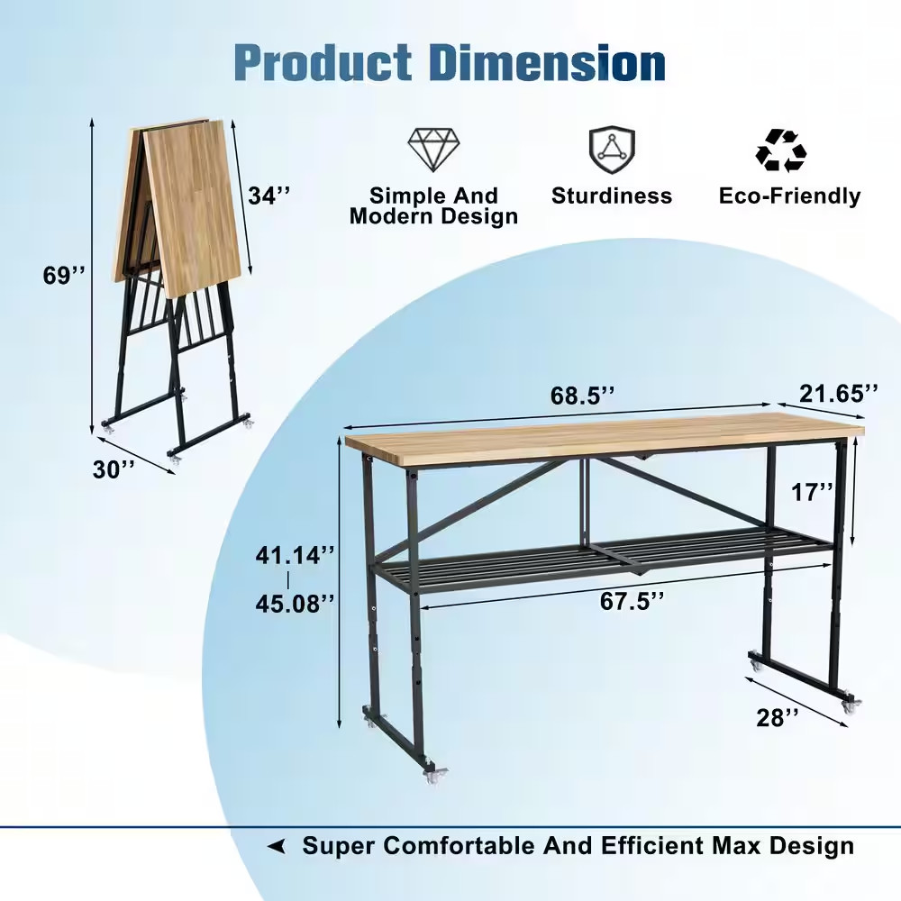 68 In. W X 21 In. D Adjustable Solid Wood Top Workbench Foldable Hardwood Workbe