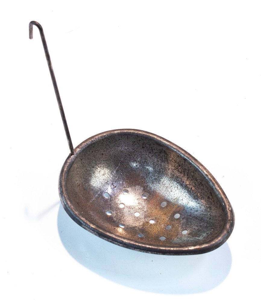 Vintage Metal Tin Egg Shaped Oval Strainer w/Wire Handle